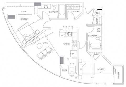 Floor plan for 2 beds, 2 baths, 1147 sqft